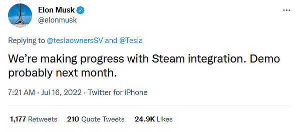 馬斯克表示特斯拉內建Steam項目獲進展 Demo即將公布 馬斯克表示特斯拉內建Steam項目獲進展 Demo即將公布