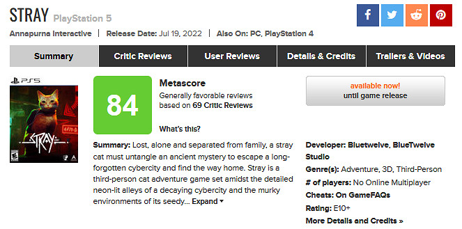 貓貓電馭叛客冒險遊戲《Stray》M站均分84 IGN8分 貓貓電馭叛客冒險遊戲《Stray》M站均分84 IGN8分