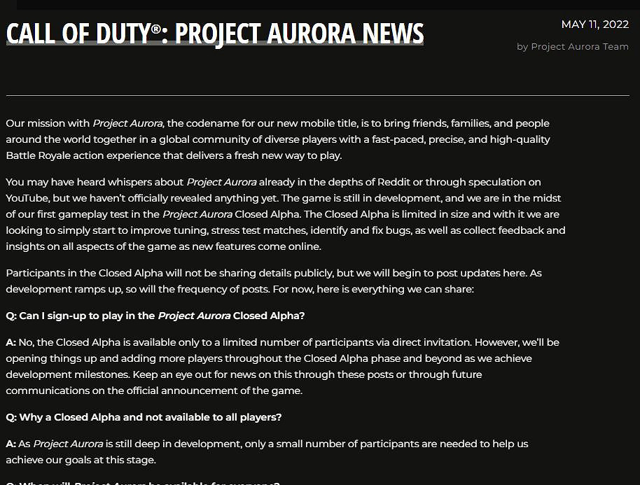 吃雞手遊《決勝時刻：極光計劃》封測 常見問答公布