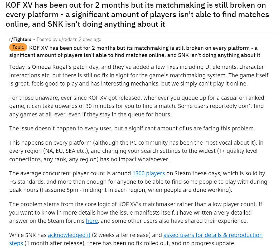 國外玩家抱怨《格鬥天王15》：發售2月了 線上匹配一直不能用