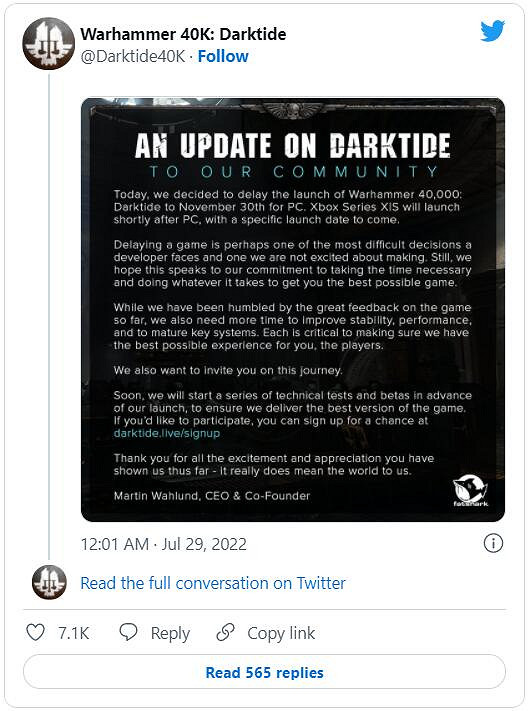 多人合作動作遊戲《戰鎚40K：暗潮》延期至11月30日