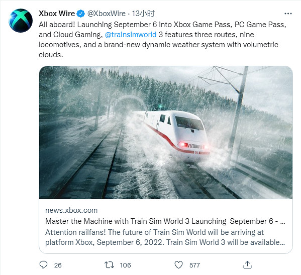 Xbox官宣：《模擬火車世界3》發售首日加入 Xbox Game Pass (XGP) ！