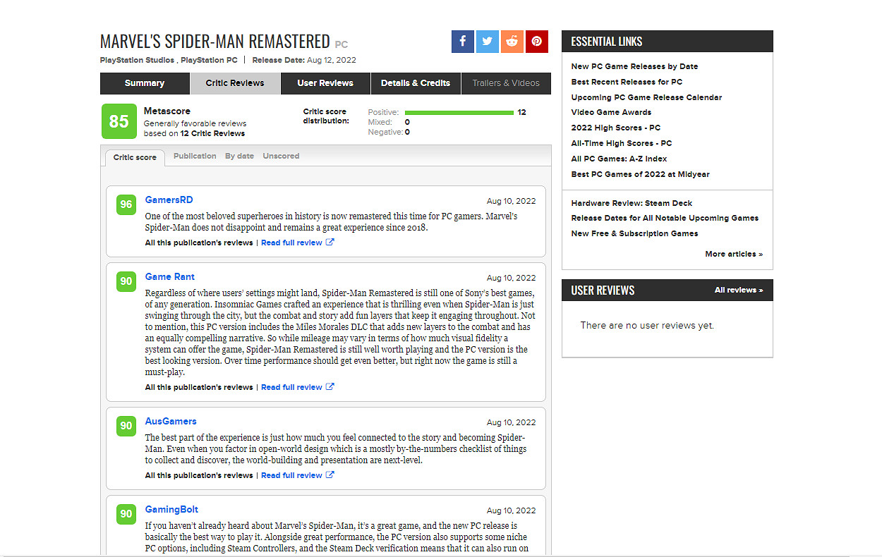 《漫威蜘蛛人》PC高清版媒體評分解禁 MC均分85！