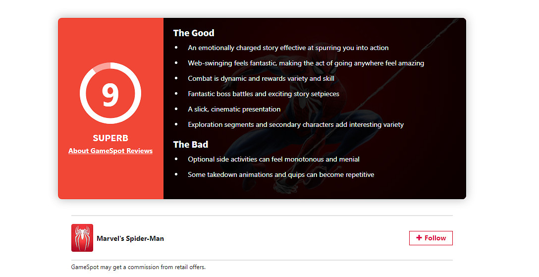 《漫威蜘蛛人》PC高清版媒體評分解禁 MC均分85！