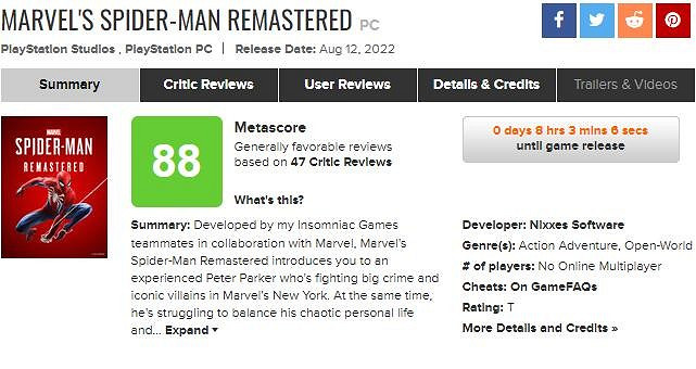 《漫威蜘蛛人》PC版媒體評分現已解禁:M站均分88分! 《漫威蜘蛛人》PC版媒體評分現已解禁:M站均分88分!