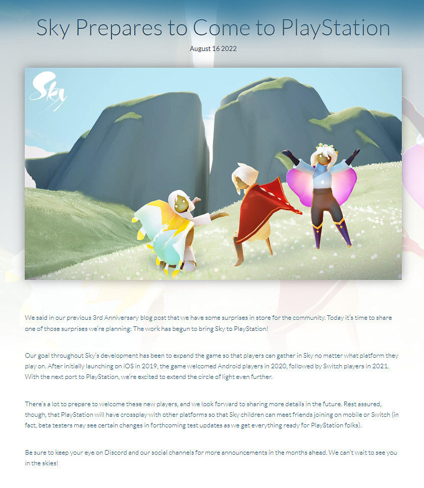《Sky光·遇》將登陸PS平台 移植工作進行中
