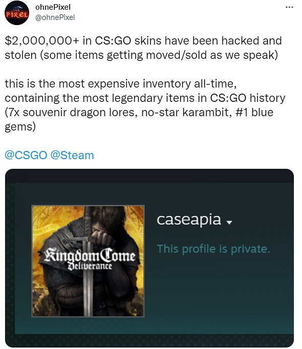 杜拜王子《CSGO》超200萬美元皮膚被盜 有7把龍狙 杜拜王子《CSGO》超200萬美元皮膚被盜 有7把龍狙