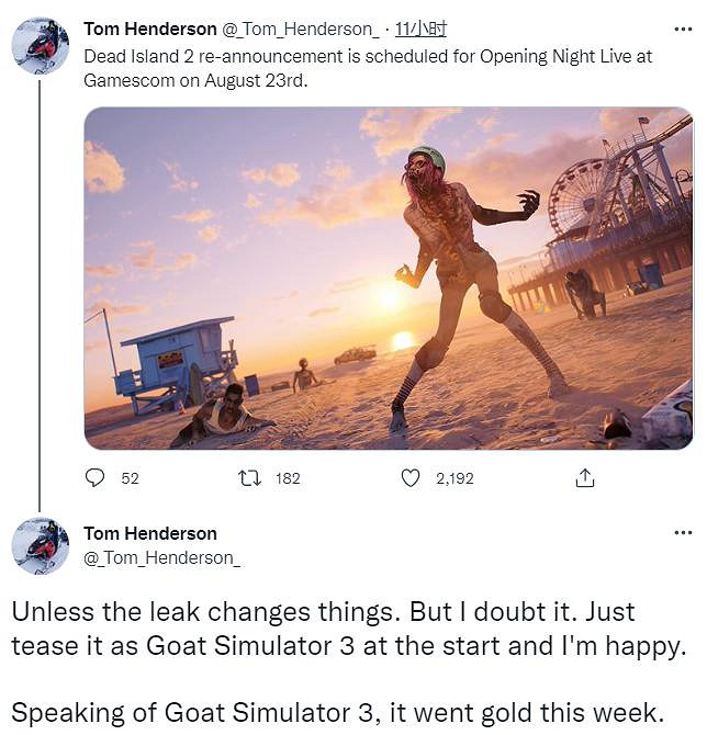 傳聞：《死亡島2》將在2022科隆遊戲展上重新公布