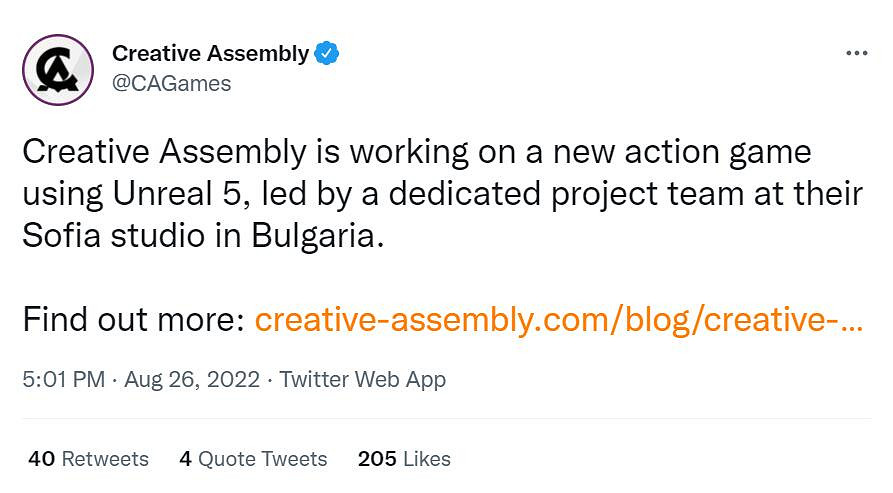 全面戰爭開發商CA正在製作全新動作遊戲 採用虛幻5! 全面戰爭開發商CA正在製作全新動作遊戲 採用虛幻5!
