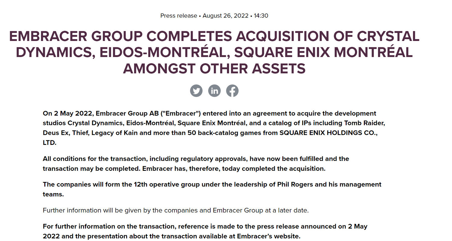 Embracer現已完成了對SE西方工作室的收購 Embracer現已完成了對SE西方工作室的收購