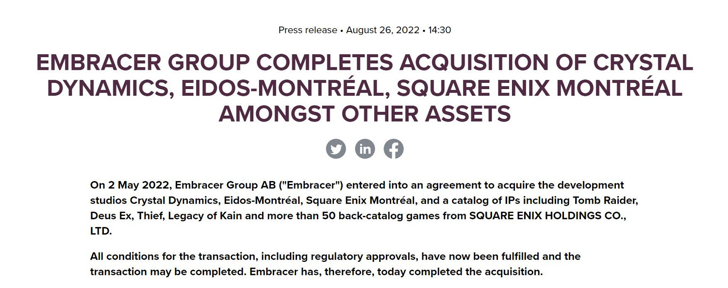 收購已完成！Embracer正式獲取古墓奇兵等經典遊戲IP