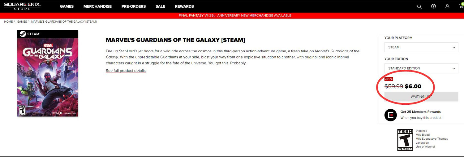 《漫威星際異攻隊》淪落到無人問津?SE官網6美元賤賣 《漫威星際異攻隊》淪落到無人問津?SE官網6美元賤賣