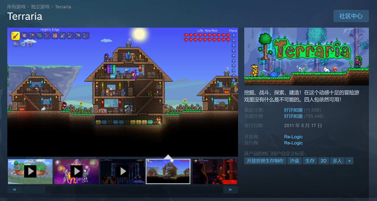 《泰拉瑞亞》成Steam首個百萬評價、好評如潮遊戲