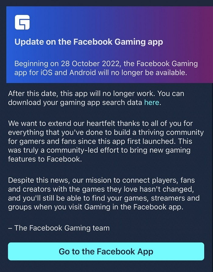 Facebook Gaming應用營運兩年多後匆匆下線停運