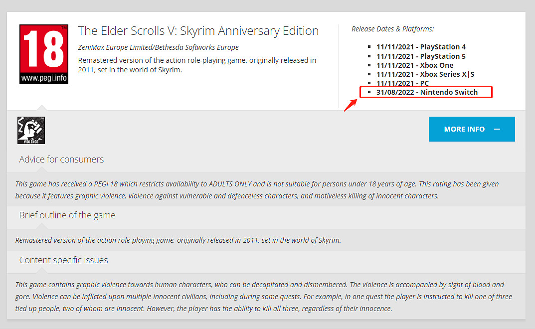 《上古卷軸5 周年紀念版》Switch版 在歐洲通過評級