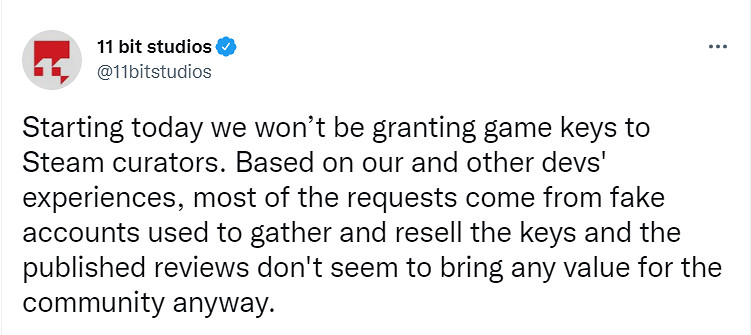 《冰汽時代》開發商宣布停止給Steam鑒賞家發遊戲Key