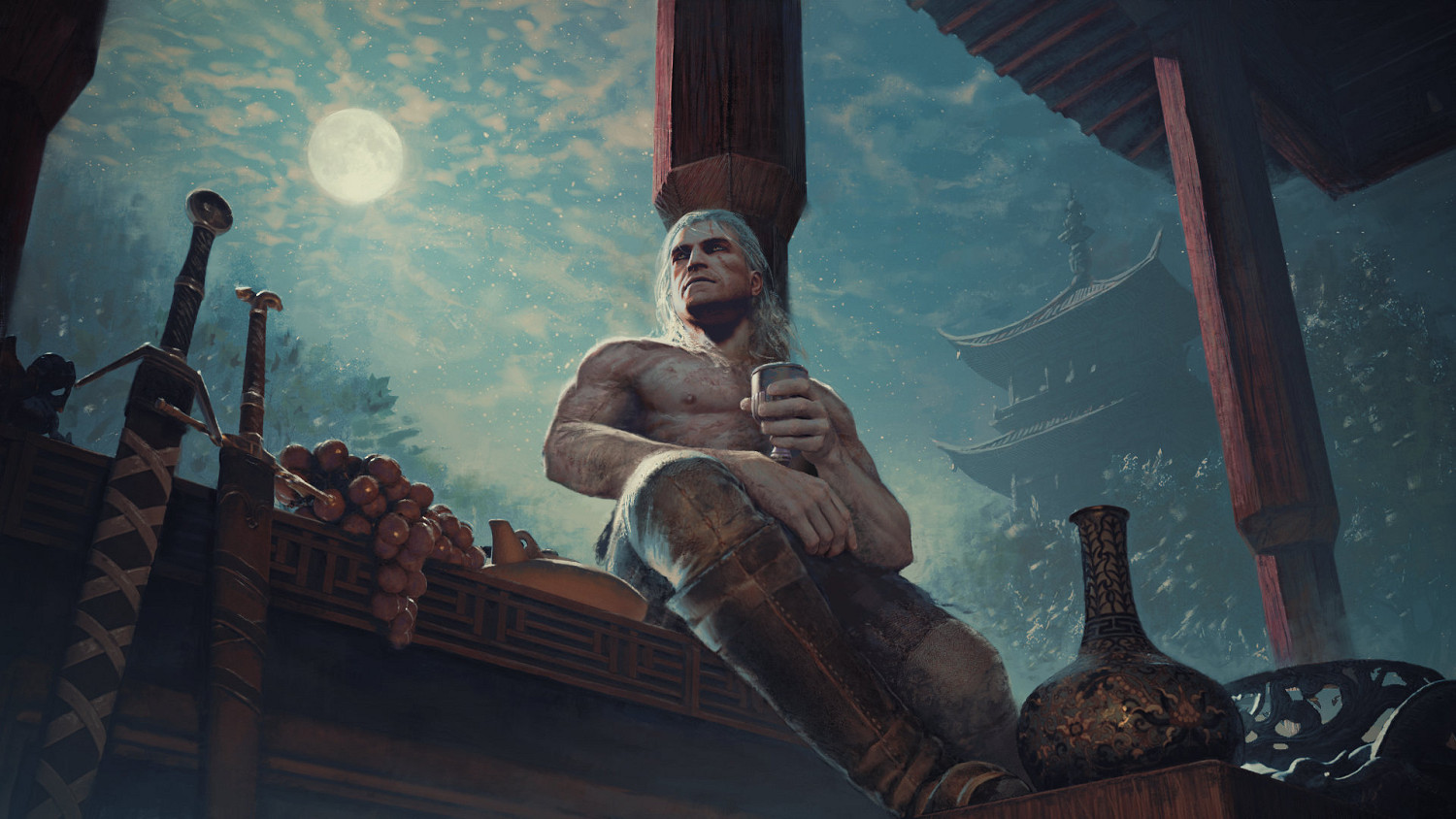 CDPR發布中秋賀圖 半裸白狼月下獨自飲酒 CDPR發布中秋賀圖 半裸白狼月下獨自飲酒