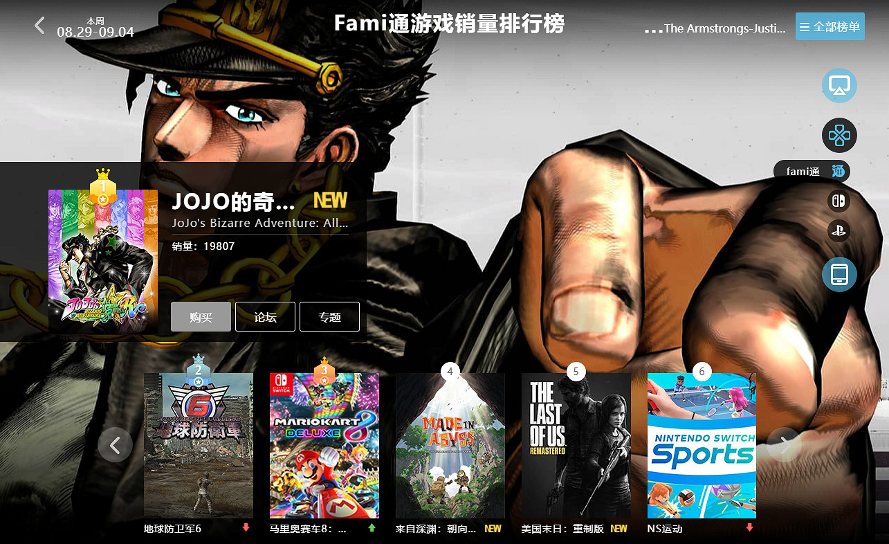 08.29-09.04全球遊戲銷量榜:《JOJO群星之戰R》霸榜