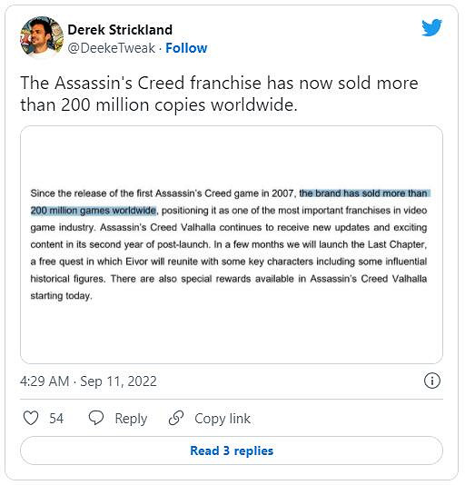 育碧宣布《刺客教條》系列遊戲全球總銷量突破兩億套! 育碧宣布《刺客教條》系列遊戲全球總銷量突破兩億套!