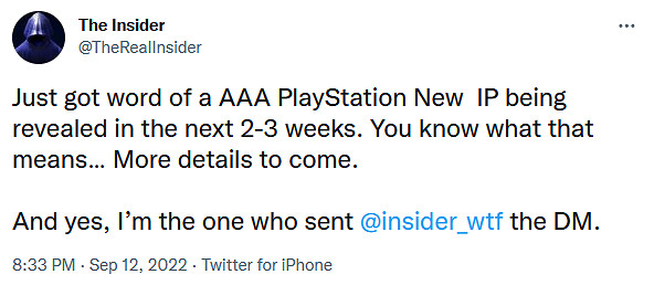 傳聞索尼將於10月1日前公開一個全新IP 3A 遊戲