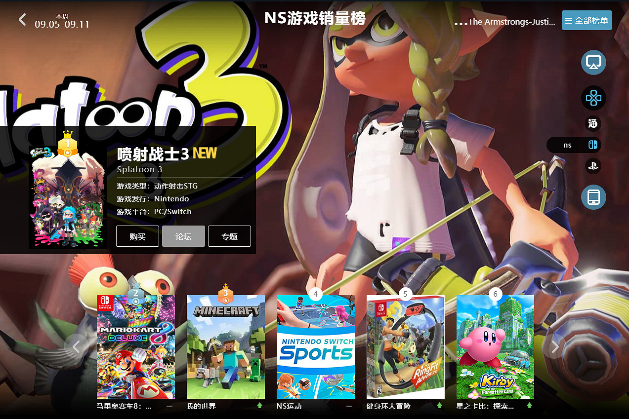 09.05-09.11全球遊戲銷量榜：《斯普拉遁3》強力霸榜