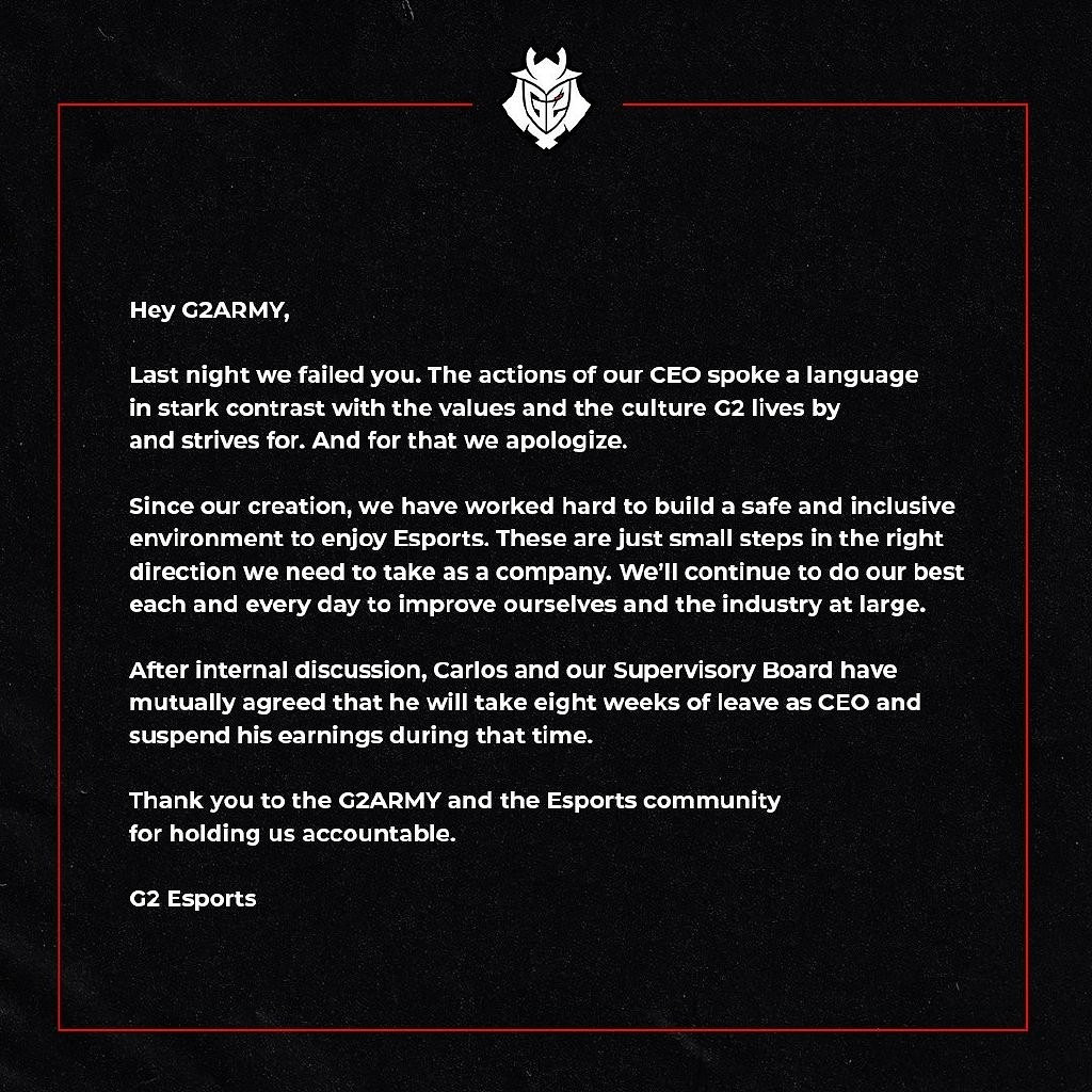 G2老板發表不當言論引爭議:停職八周,暫停收入! G2老板發表不當言論引爭議:停職八周,暫停收入!