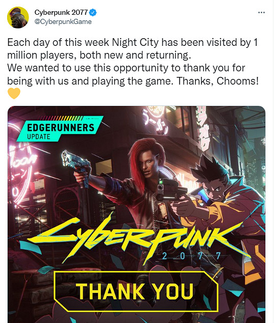 CDPR稱本周《2077》每天都有100萬新老玩家訪問！