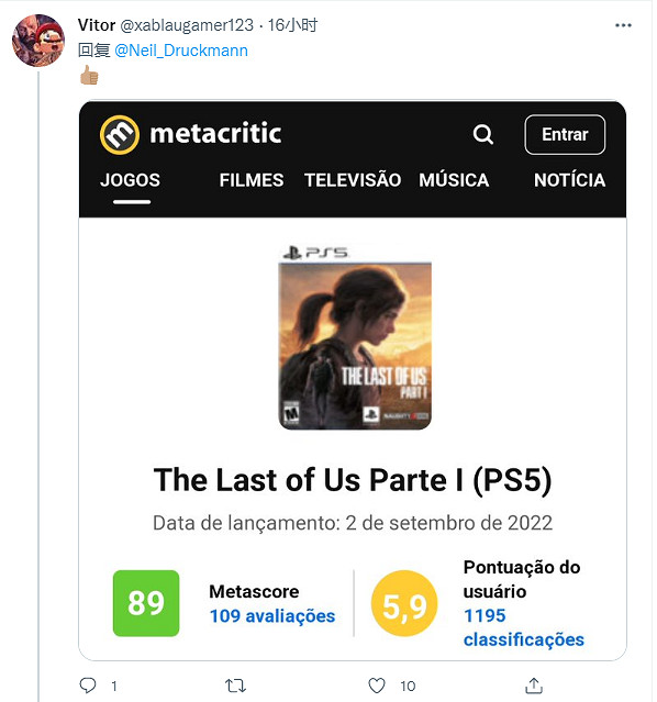 頑皮狗尼爾曬《最後生還者Re》媒體評分 慘遭玩家嘲諷 頑皮狗尼爾曬《最後生還者Re》媒體評分 慘遭玩家嘲諷