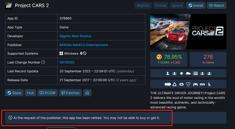 《賽車計劃2》因授權到期現已從Steam永久下架