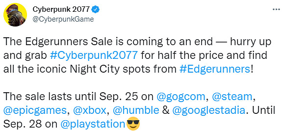 CDPR溫馨提醒：《電馭叛客2077》限時半價即將結束