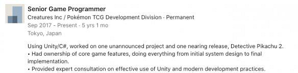 程式員領英頁面泄露 《名偵探皮卡丘2》可能即將公開 程式員領英頁面泄露 《名偵探皮卡丘2》可能即將公開