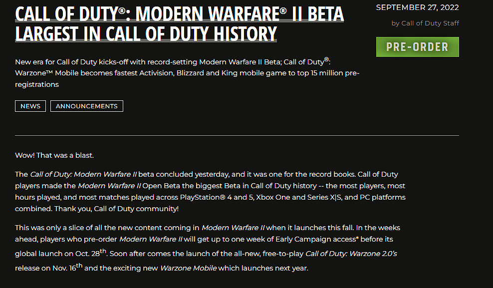 動視稱《決勝時刻：現代戰爭2》公開測試規模刷新記錄