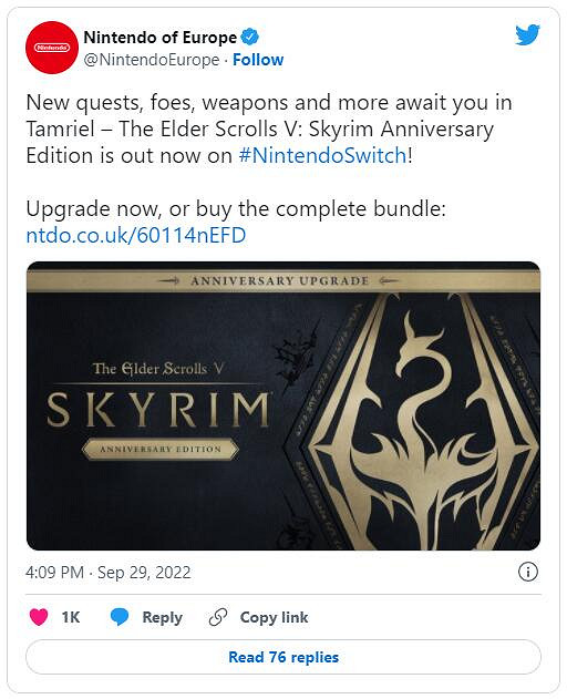 任天堂官宣《上古卷軸5:天際 周年紀念版》現已登陸Switch