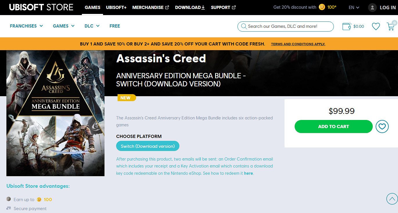 育碧推出Switch版《刺客教條》大型捆綁包 含6款遊戲及DLC