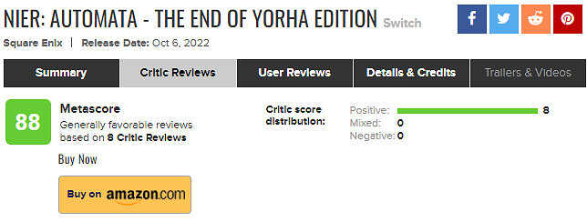 《尼爾:自動人形》Switch版評分解禁 M站均分88 《尼爾:自動人形》Switch版評分解禁 M站均分88