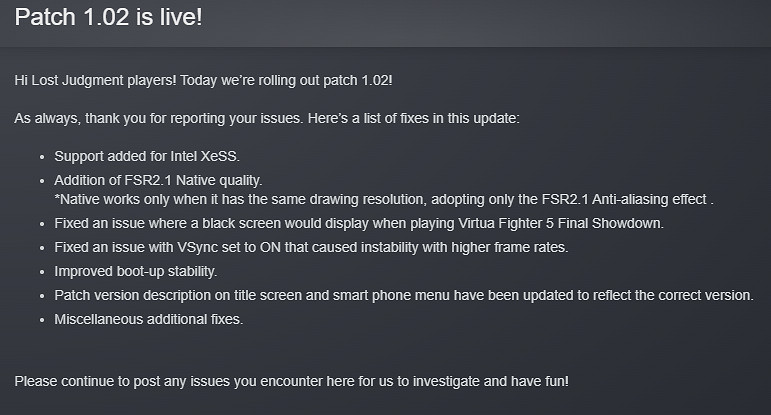 《審判之眼/逝》1.02更新檔上線 增加XeSS技術支援 《審判之眼/逝》1.02更新檔上線 增加XeSS技術支援