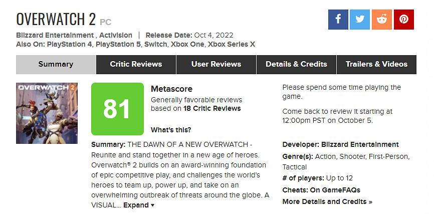《鬥陣特攻》“歸來”媒體評分解禁:IGN8分 M站開分81