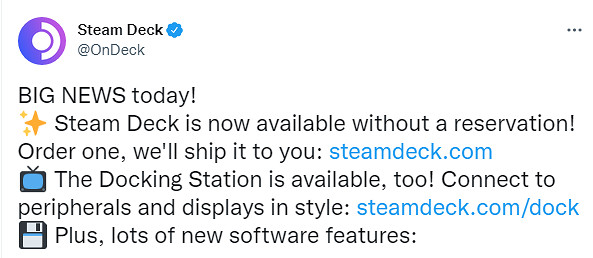 V社：現在無需預定即可購買Steam Deck 能馬上發貨！