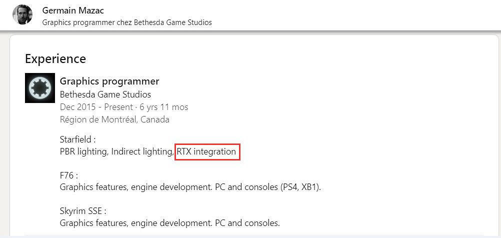 《星空》開發者LinkedIn頁面 顯示該作將支援RTX光追 《星空》開發者LinkedIn頁面 顯示該作將支援RTX光追