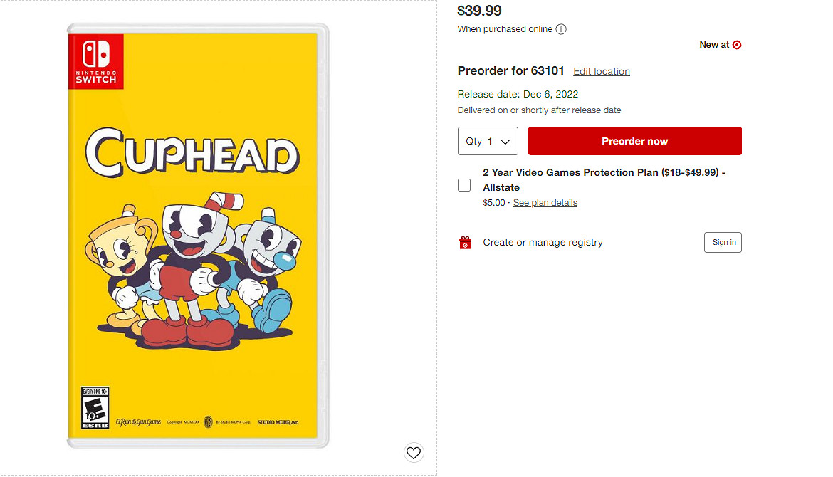 據美國電商頁面顯示《茶杯頭》實體版將於12月6日發售 據美國電商頁面顯示《茶杯頭》實體版將於12月6日發售