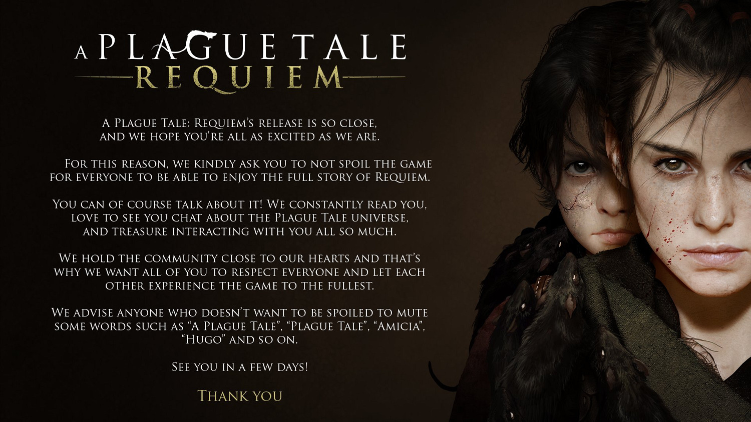 《瘟疫傳說：安魂曲》開發商懇請玩家們不要劇透！