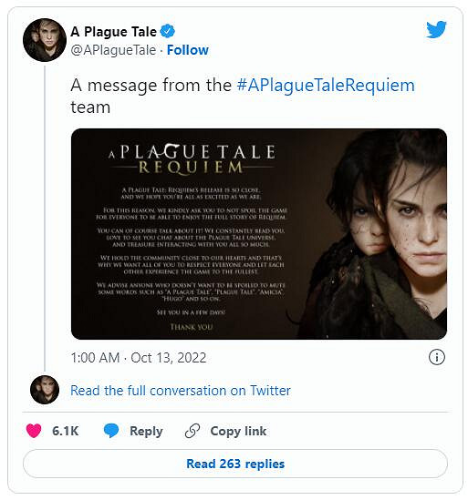 《瘟疫傳說：安魂曲》開發商懇請玩家們不要劇透！