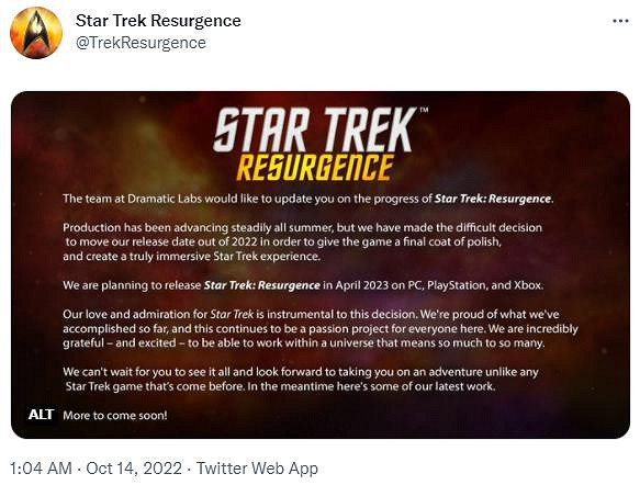 《星際爭霸戰:復甦》官方宣傳延期 明年4月發售 《星際爭霸戰:復甦》官方宣傳延期 明年4月發售