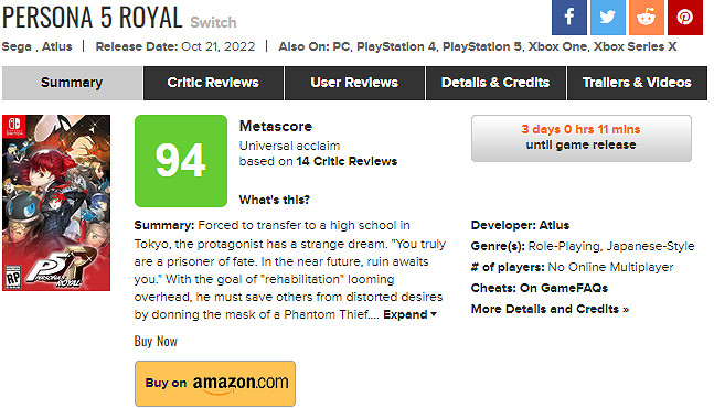 Xbox版《女神異聞錄5 皇家版》M站媒體均分高達95! Xbox版《女神異聞錄5 皇家版》M站媒體均分高達95!