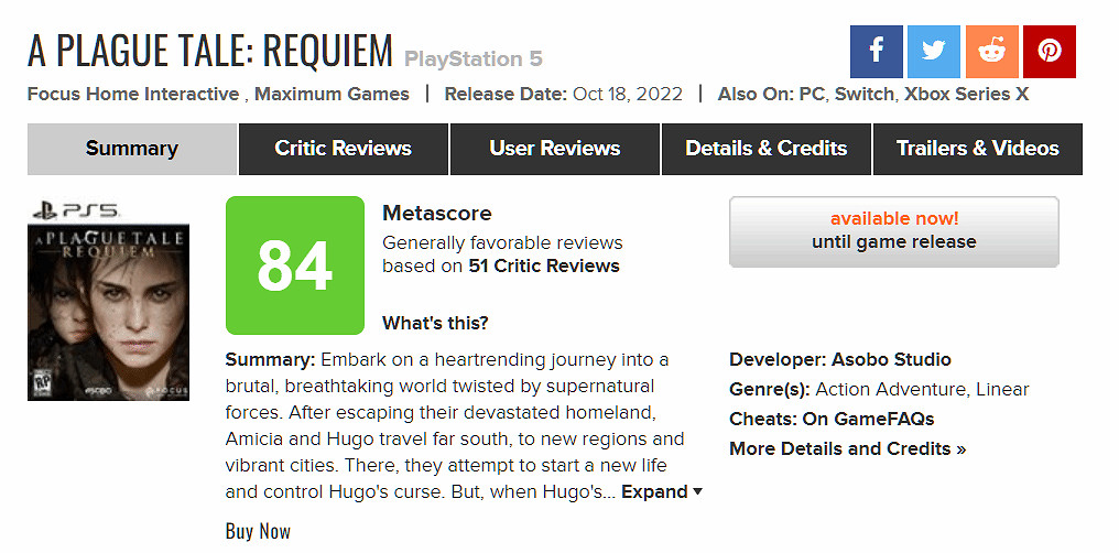 《瘟疫傳說安魂曲》評分怎麽樣？媒體評分分享