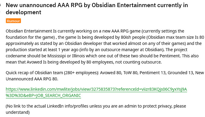 傳黑曜石工作室正在開發一款新的3A級角色扮演遊戲 傳黑曜石工作室正在開發一款新的3A級角色扮演遊戲