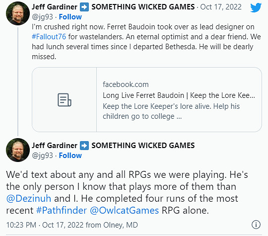 《星空》《異塵餘生76》遊戲設計師 Ferret Baudoin去世