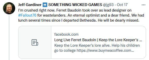 B社《星空》高級設計師去世 曾任《輻射76》首席設計師