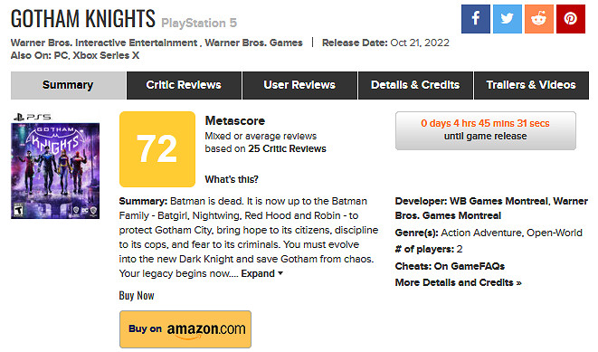 《高譚騎士》媒體評分解禁!M站均分72分 IGN5分 《高譚騎士》媒體評分解禁!M站均分72分 IGN5分