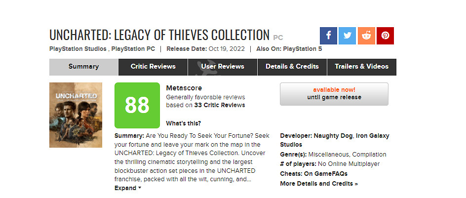 《UNCHARTED: 盜賊傳奇合輯》pc版評分高嗎？pc版媒體評分一覽